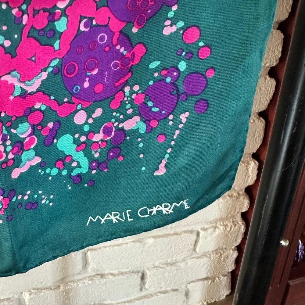 Marie‎ Charme Scarf Teal Green Pink Purple Abstract Splatter Silk Blend 30x30